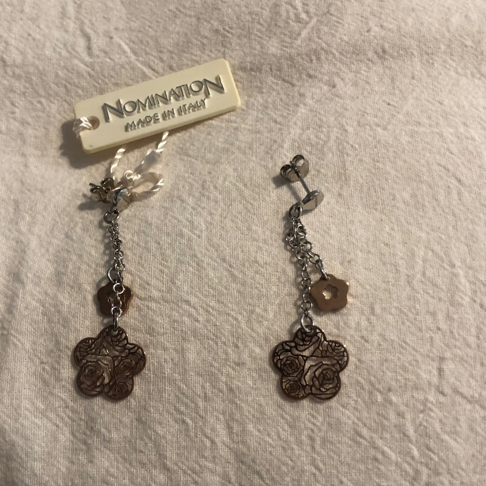 Silver Floral Dangle Earrings with rose gold Accents